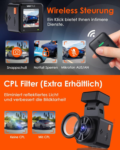 VANTRUE E1 1944P Mini Dashcam Auto WiFi GPS, Dash Cam Fernbedienung 2K/ 1440P HDR Autokamera Sprachs