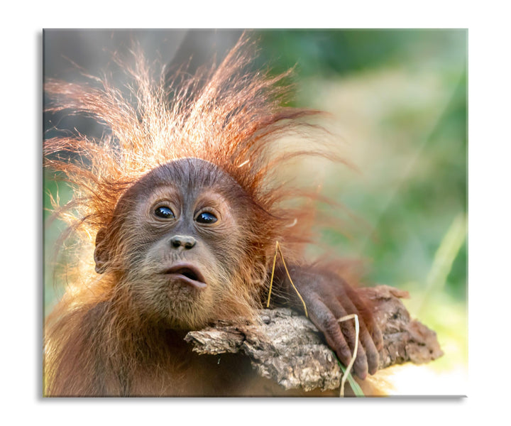 Lustiger Baby Orang-Utan mit Rinde Herdabdeckplatte & Spritzschutz aus Echtglas | Für Herd-Kochfelde