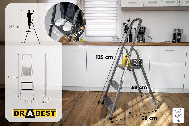 DRABEST - Stehleiter - mit 3 Stufen - bis 125 kg belastbar - 1,25 m lang - Arbeitshöhe 2,57 m - Trit