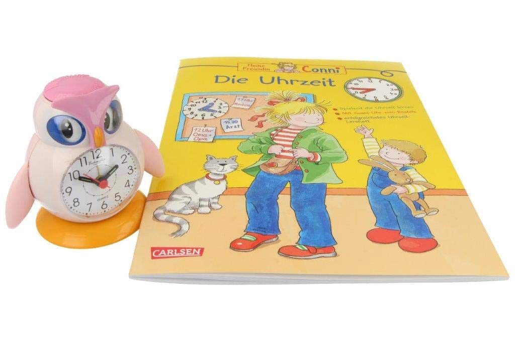 Eichmüller Kinderwecker Eule rosa Analogwecker mit Alarm Snooze und Licht mit Conni Buch Uhrzeit Ler