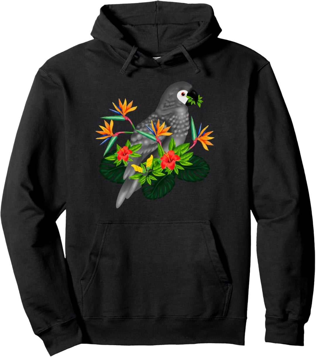 Grauer afrikanischer Papagei, tropischer Vogel, Blumenmotiv Pullover Hoodie