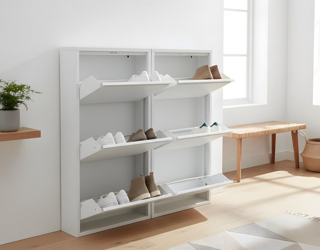 Dynamic24 XL Pisa 6 Klappen weiss – Schuhschrank – B101 x H106 x T16 cm – Metall pulverlackiert – Kl