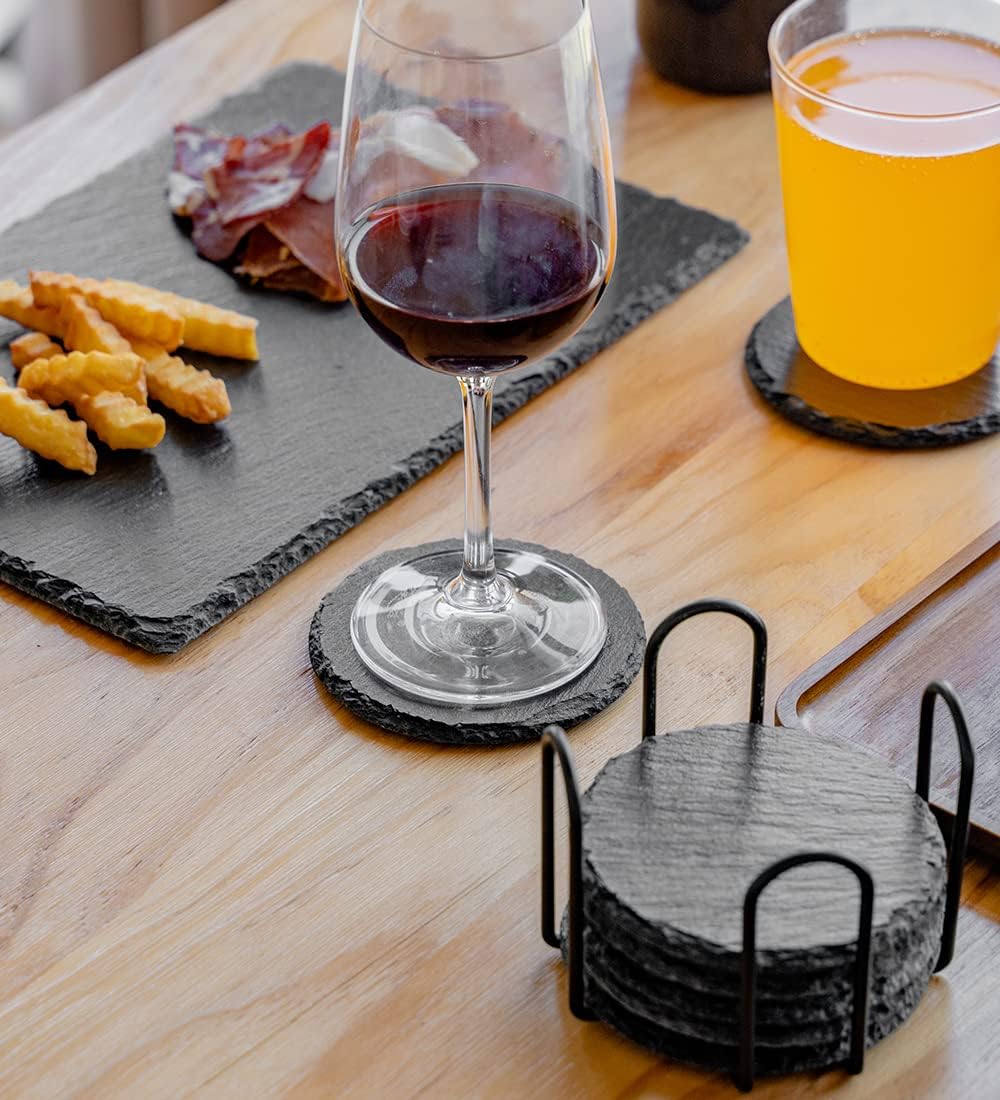 Schiefer Untersetzer für Gläser 8er Set, Glasuntersetzer Schiefer rund mit Halter 10x10 cm, Bierdeck