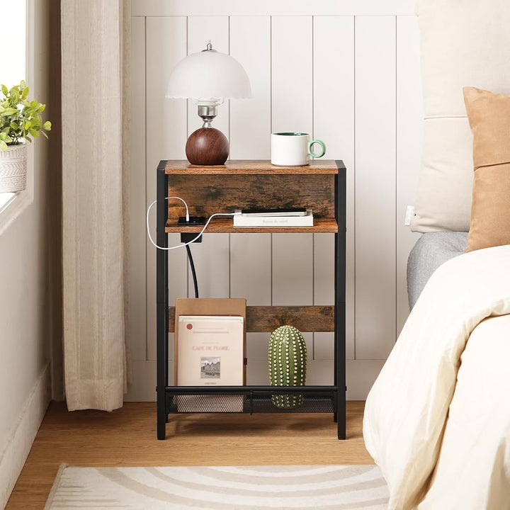 CHOEZON Beistelltisch Schmal, Sofatisch mit Ladestation, Nachttisch mit 2 Holzwerkstoffplatten und 1