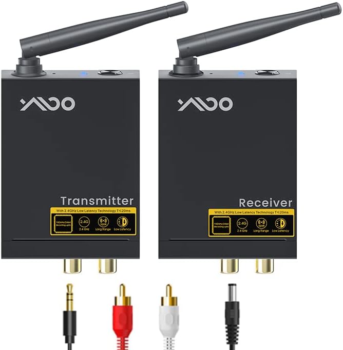 YMOO 2,4GHz Audio funkübertragung Sender Empfänger Kit, Cinch 3.5mm Klinke Audio Adapter, 20ms niedr