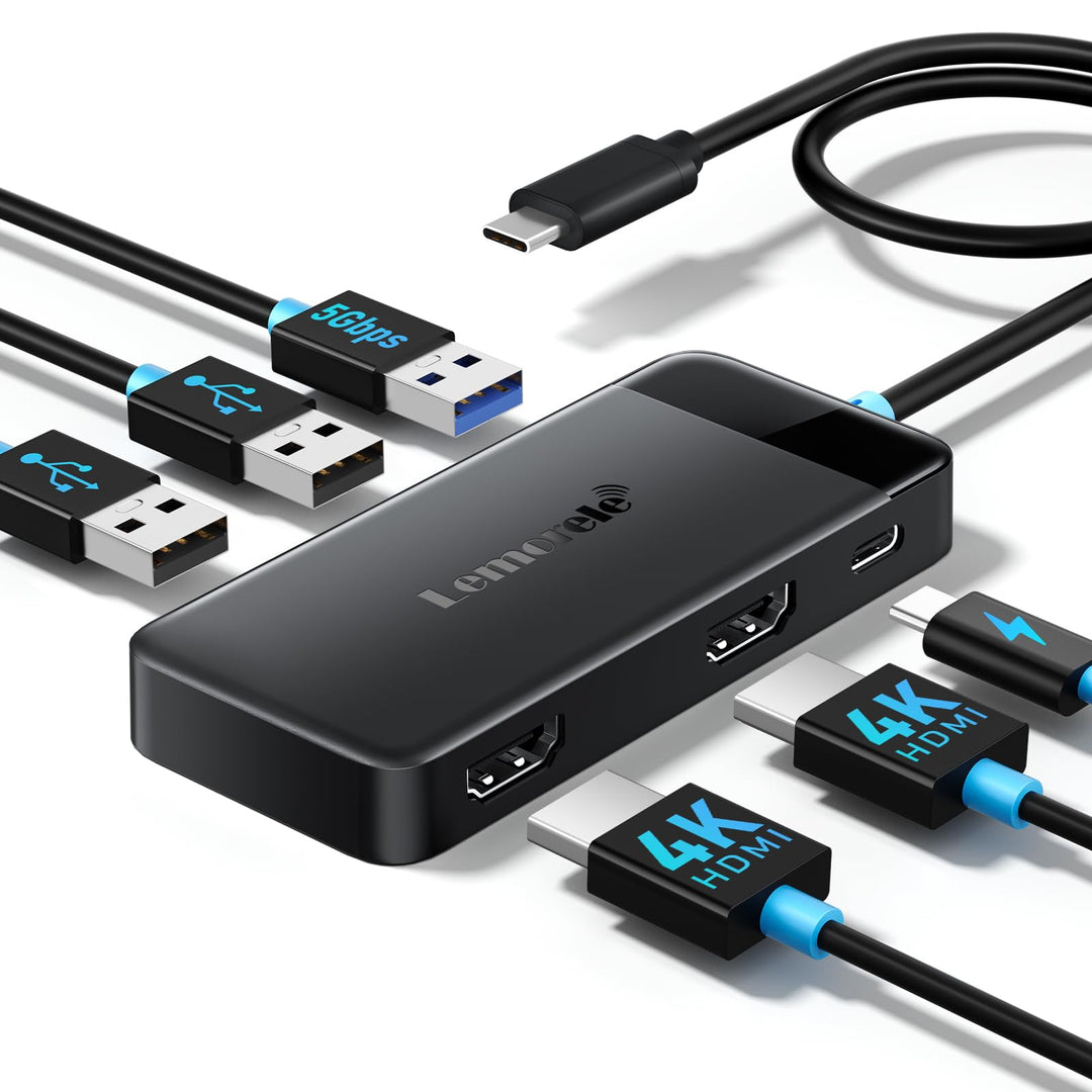 Docking Station USB C Hub Dual HDMI, 2024 Upgrade Lemorele USB C Dock 2*HDMI Adapter 4K, 3 USB 3.0/2