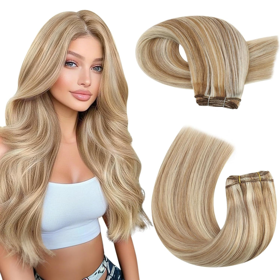 Moresoo Tressen Echthaar Blond Weaving Extensions Hellbraun mit Blond Echthaar Tressen zum Einnähen