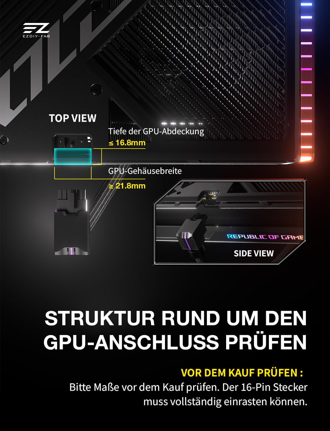 EZDIY-FAB UNIFAS ARGB 16-Pin 12VHPWR GPU-Verlängerungskabel für RTX 40/50 Serie, 16AWG 90° Winkel 12