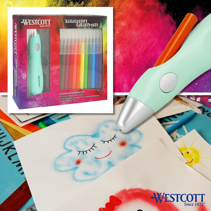 Westcott Elektrischer Farbsprühstift, Airbrush-Set für Kinder mit 12 Filzstiften & 19 Schablonen zum