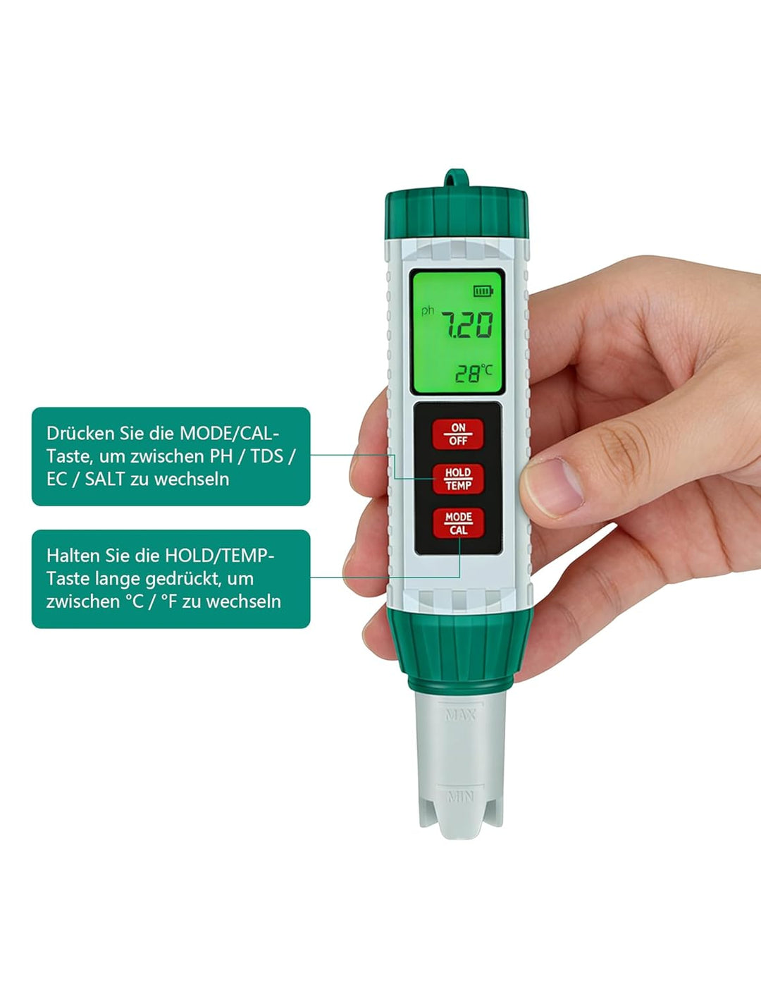 5 in 1 PH Messgerät mit Automatischer Temperaturkompensation, PH/EC/TDS/Salzgehalt/Temperatur Wasser