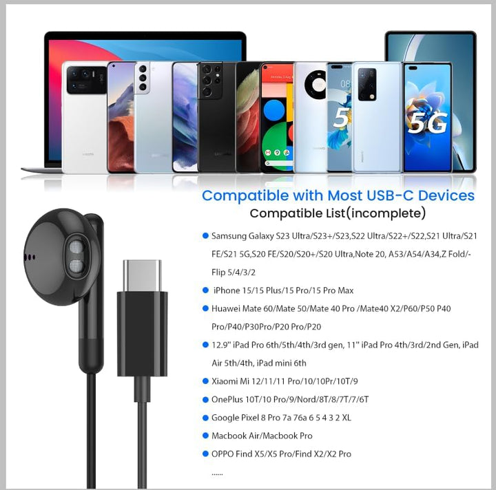 USB C Kopfhörer für iPhone 17 Air 16 15 Plus Pro Max iPad Pro In-Ear Kopfhörer mit Kabel USB C, Mikr