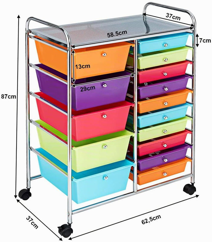 COSTWAY Rollwagen mit 15 stapelbaren Schubladen, Schubladenwagen Rollcontainer mit Metallgestell und