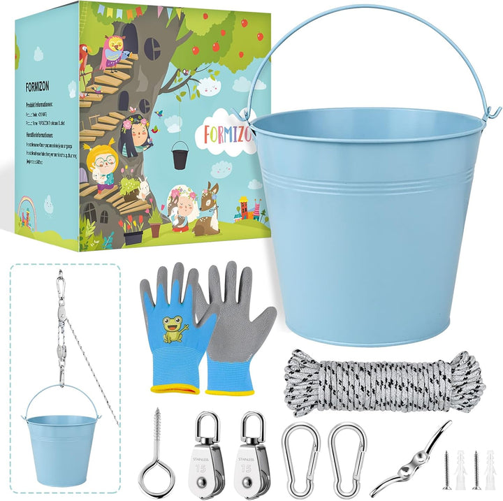 FORMIZON Flaschenzug Kinder, Flaschenzug mit Metalleimer, Zubehör fürs Baumhaus Spielturm, Kinder-Ri