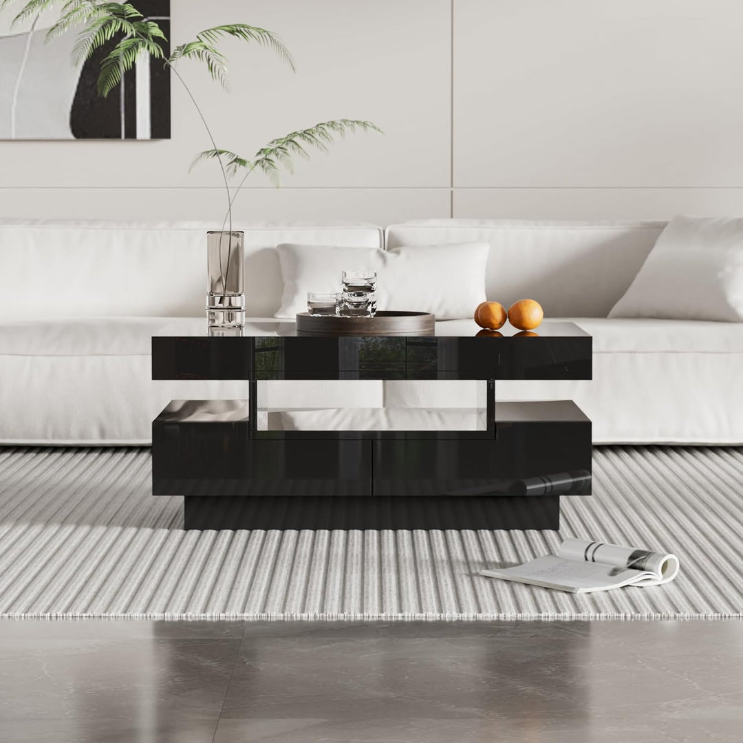 Merax Couchtisch Schwarz Hochglanz, Wohnzimmertisch mit 16-Farbiger LED Beleuchtung, Beistelltisch S