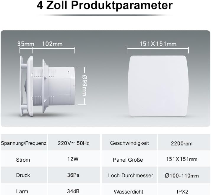 HUGOOME Abluftventilator 100 mm 12 W 95 m³/h 2200rpm mit Rückschlagventil, Fenster und Wandmontage V