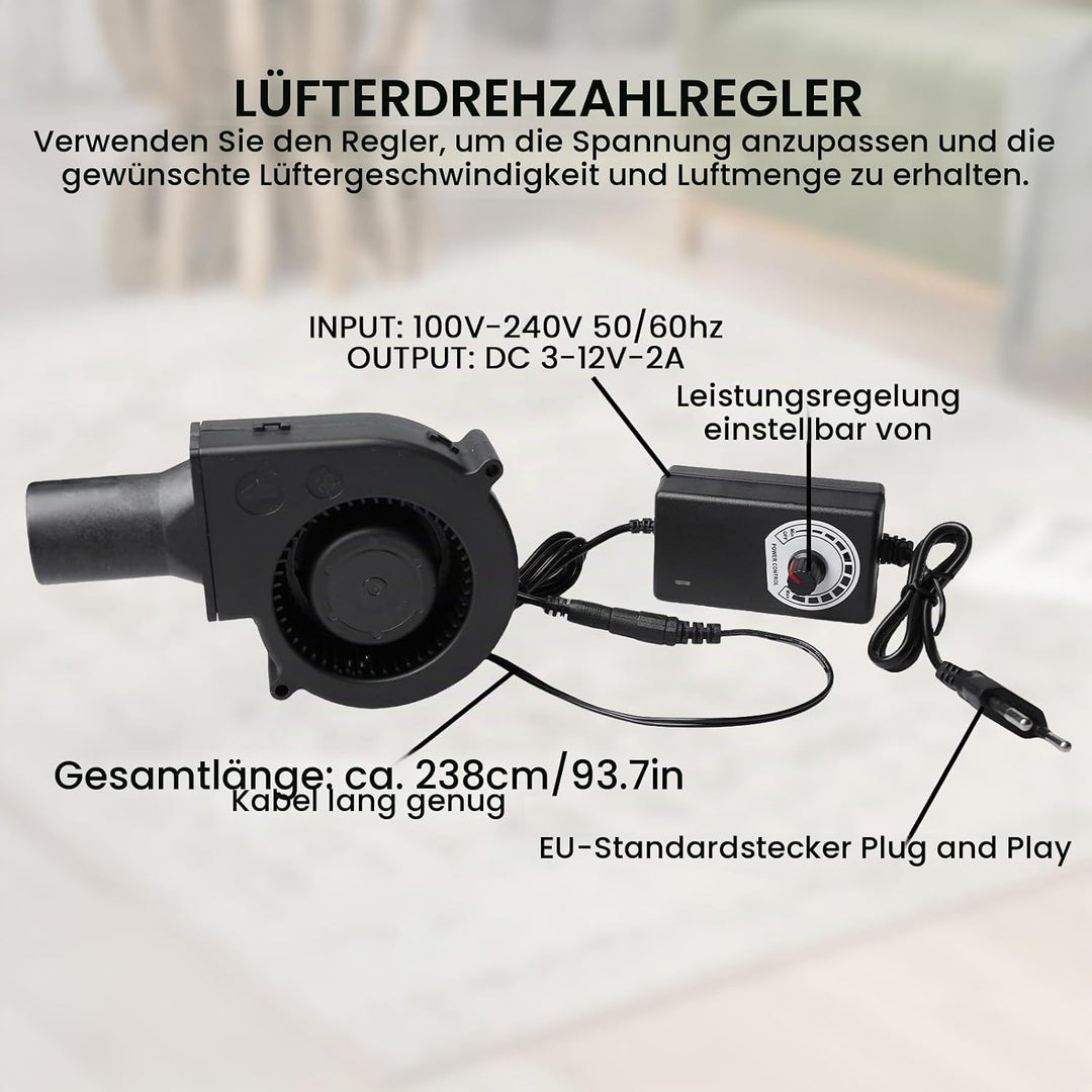 Radiallüfter 12V mit Drehzahlregler, Turbinengebläse für Belüftung, BBQ, Kamin, Kühlung, Ventilator,