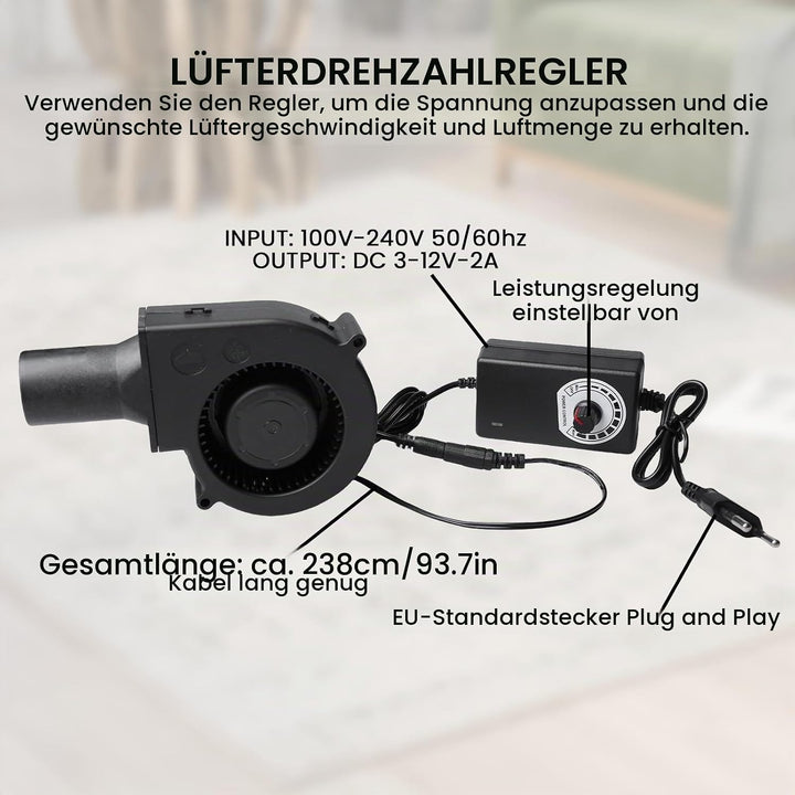 Radiallüfter 12V mit Drehzahlregler, Turbinengebläse für Belüftung, BBQ, Kamin, Kühlung, Ventilator,