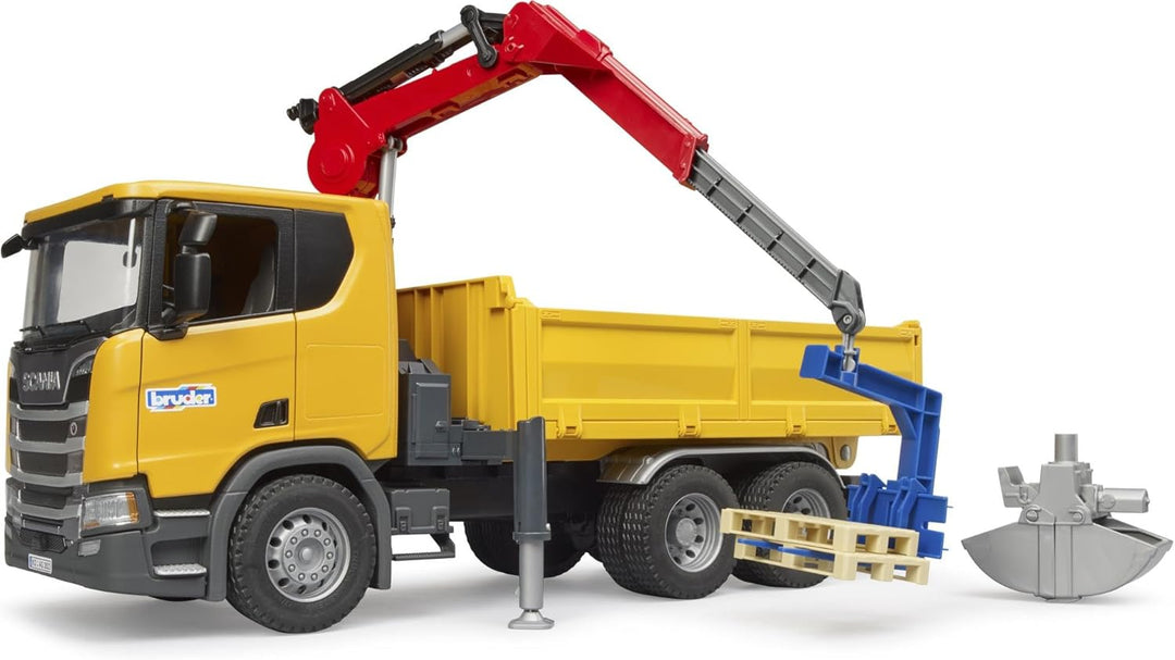 bruder 03551 - Scania Super 560R Baustellen LKW mit Kran & 2 Paletten - 1:16 Fahrzeuge, Baufahrzeug,