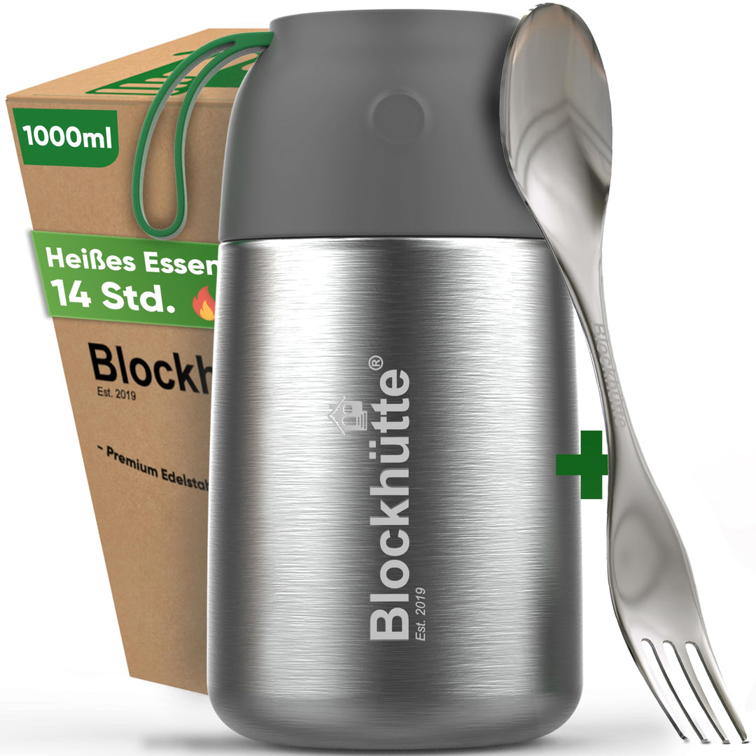 Blockhütte Edelstahl Thermobehälter für Essen I 1L I mit Spork, Bürste, Thermo Lunchbox für Kinder,