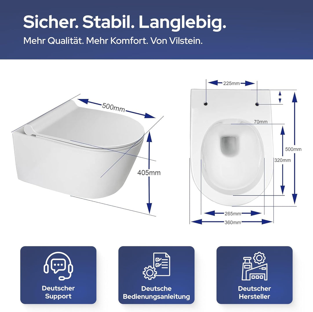 VILSTEIN | Hänge WC Spülrandlos | Toilette Komplett Set | Wand wc | Tiefspüler | Komplettset inkl. a