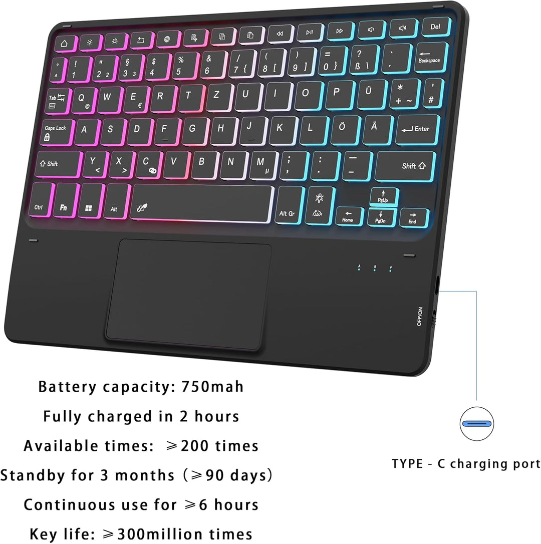 für 11 Zoll Samsung Galaxy Tab A9+ /A11+ Hülle mit QWERTZ Tastatur - Regenbogen-Hintergrundbeleuchtu
