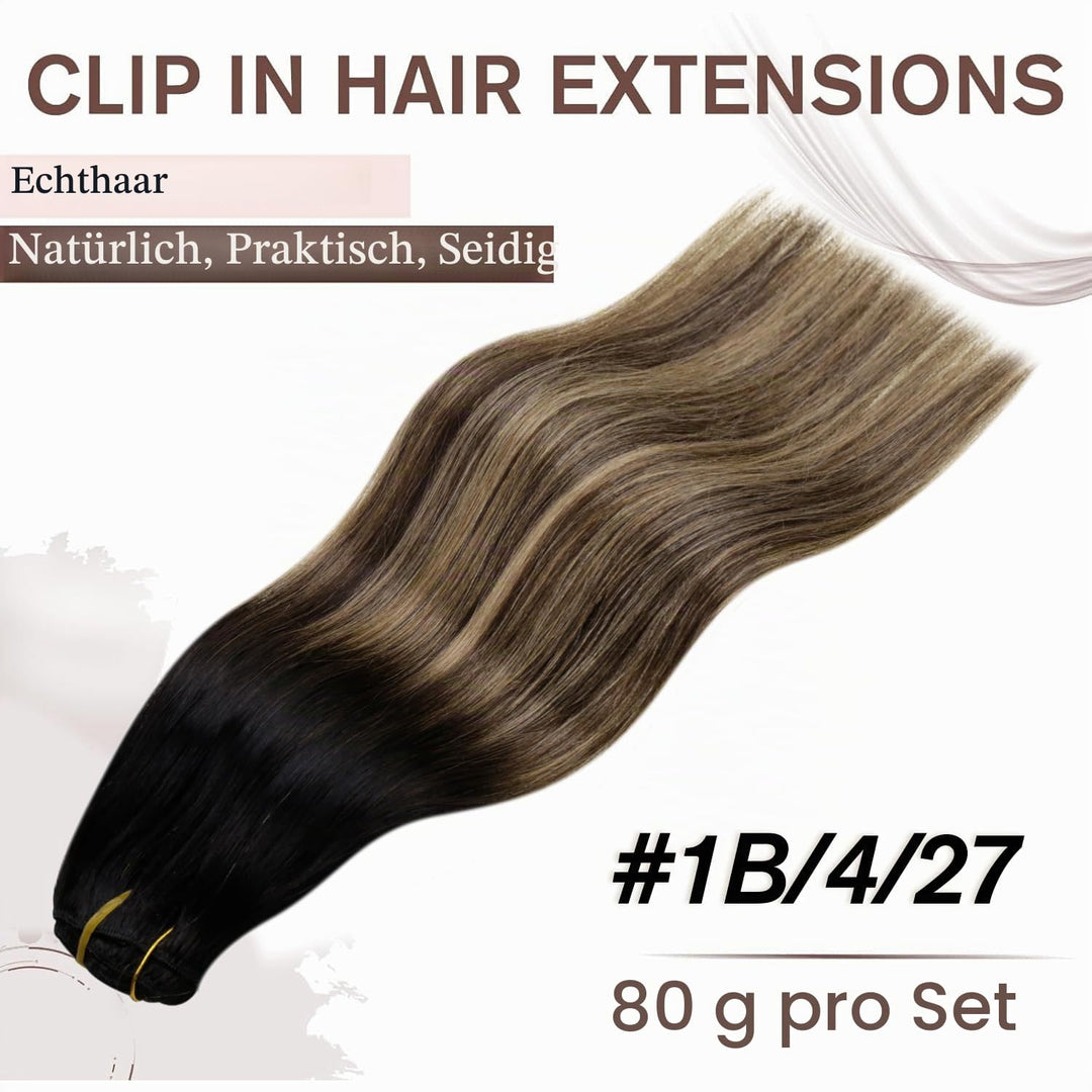 Hetto Clip in Extensions Echthaar Balayage Schwarz zu Hellbraun &amp; Goldblond - Invisible Haarverlänge