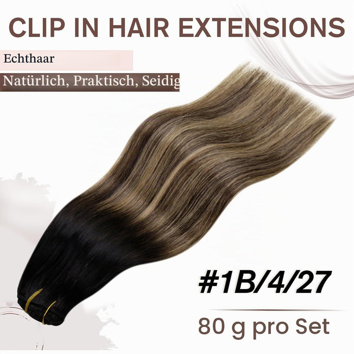 Hetto Clip in Extensions Echthaar Balayage Schwarz zu Hellbraun &amp; Goldblond - Invisible Haarverlänge