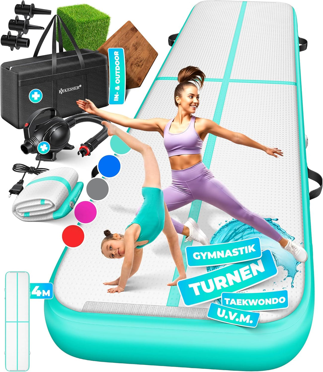 KESSER® Turnmatte Aufblasbar Airtrack Fitness-Matte Gymnastikmatte | inkl. Tragetasche & elektr. Luf