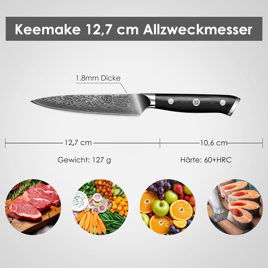 KEEMAKE Damastmesser Allzweckmesser scharfe 12,7 cm Klinge aus 67 Lagen Damaststahl, Profi Küchenmes