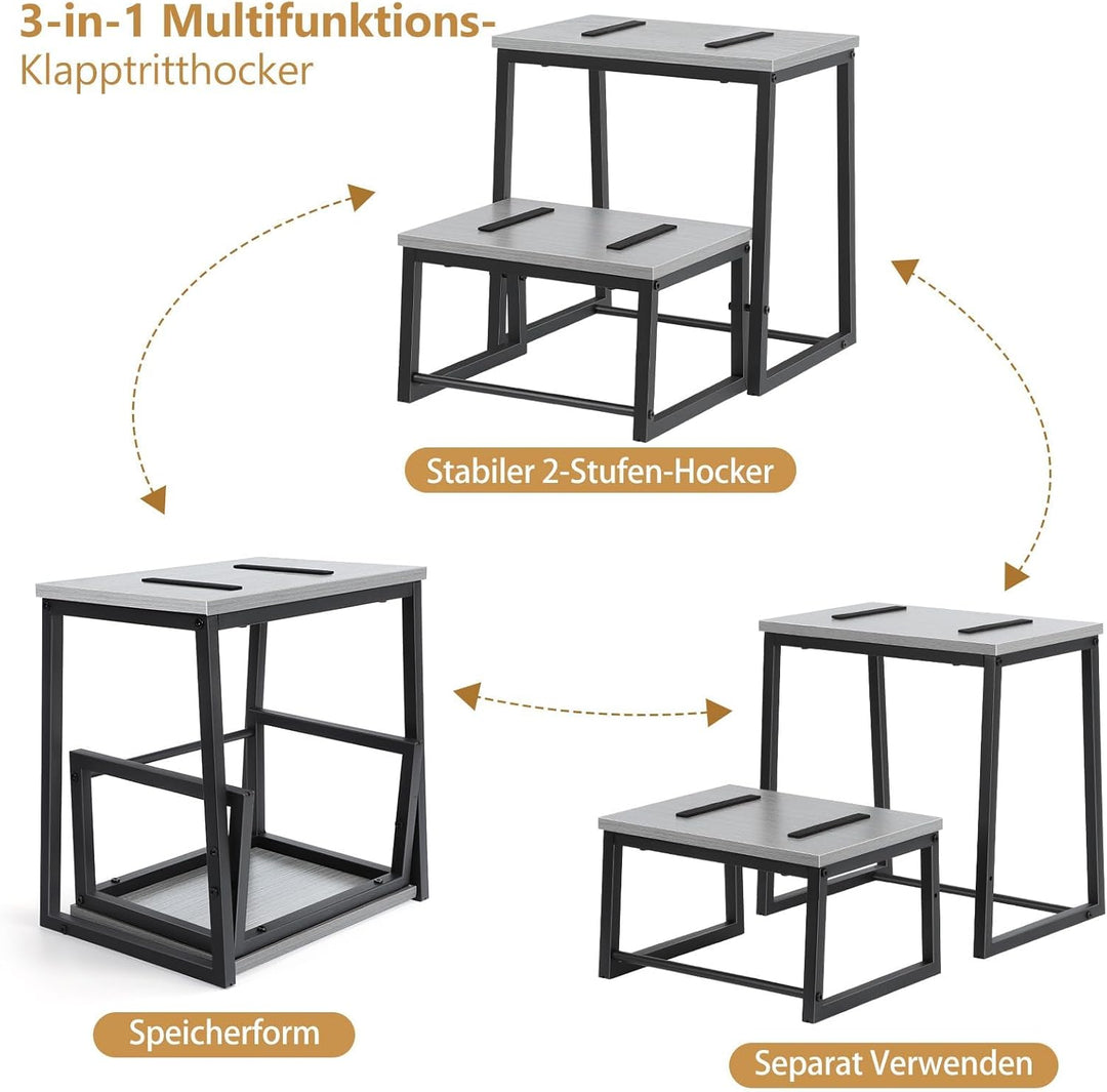 smusei 2 Stufen Tritthocker Klappbar für Erwachsene &amp; Kinder, 3-in-1 Stabiler Holzhocker Fussbank Ab