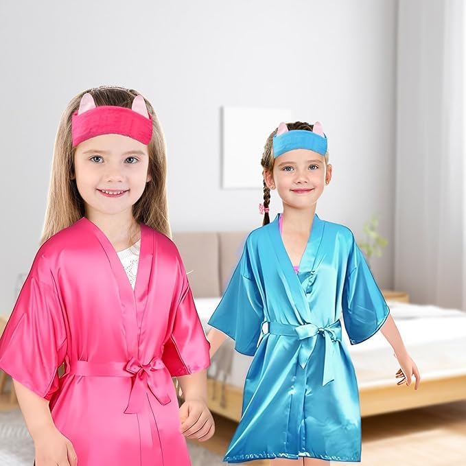 LYCN 10 Stück Spa Bademantel Mädchen, Satin Kimono Bademantel mit 10 Seiden-Augenmasken und 10 Haarb