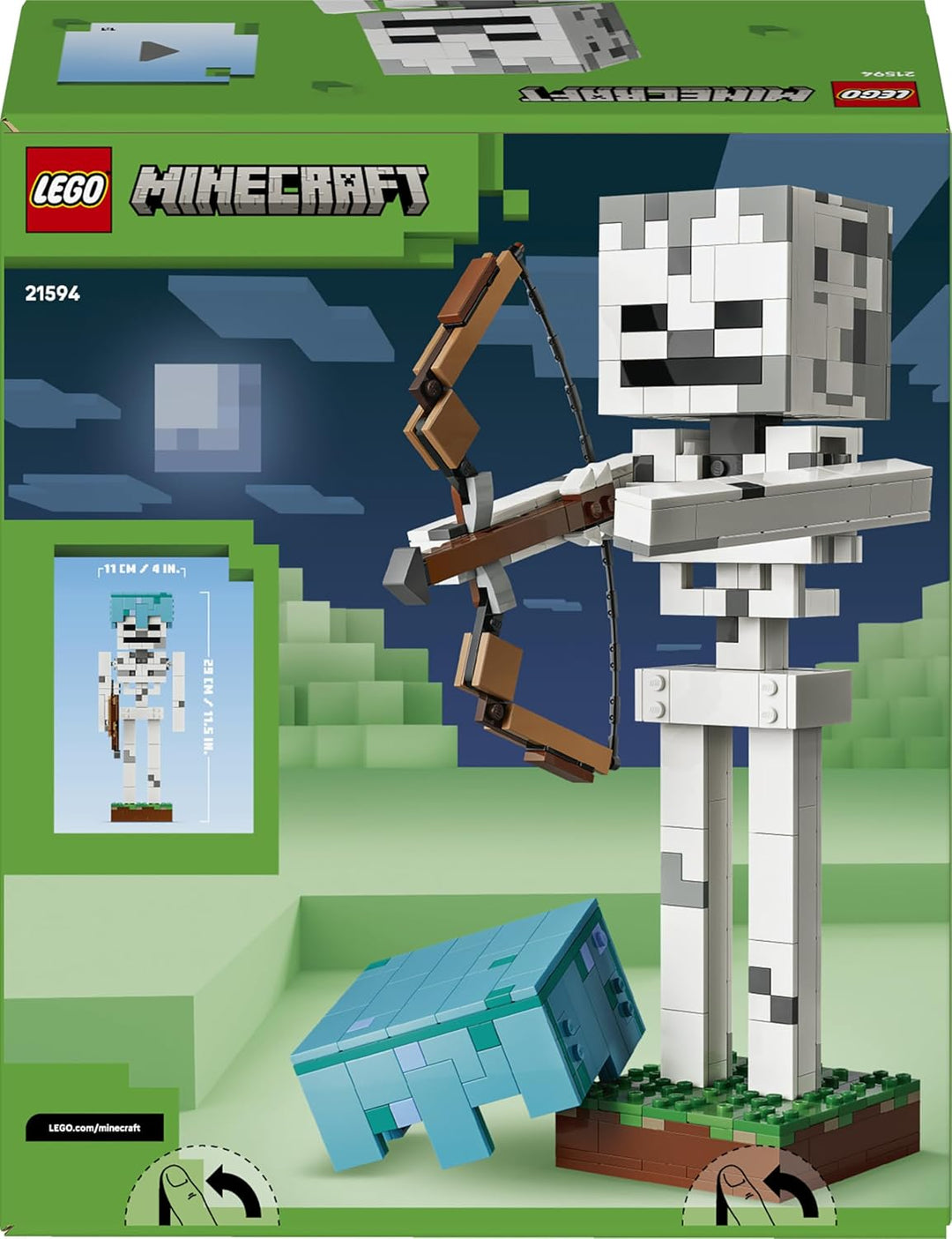 LEGO Minecraft Das Skelett - Mob Figur mit Diamanthelm, Bogen und Pfeil sowie Grasbasis als Zimmerde