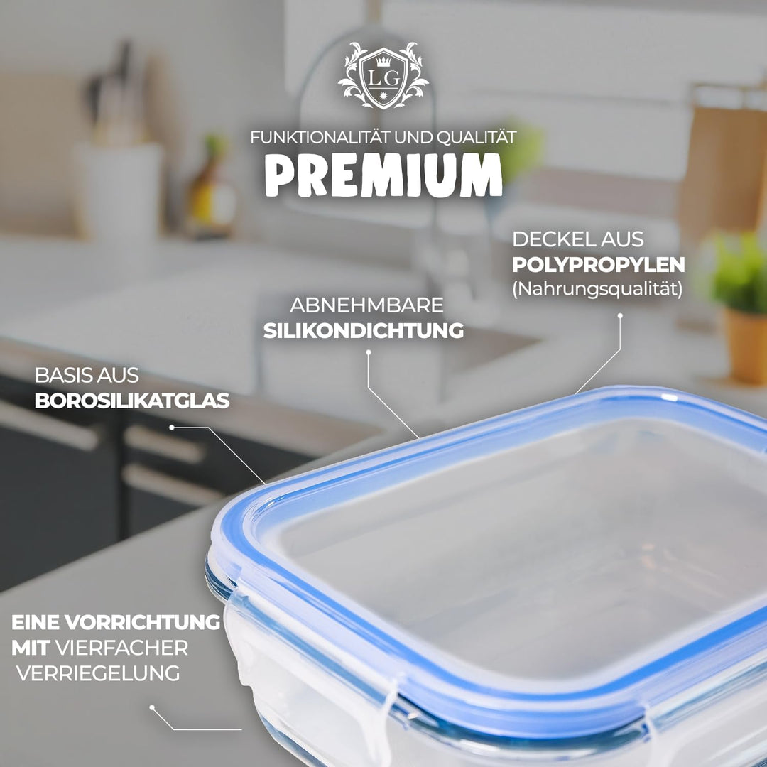 LG Luxury & Grace 4er Packung Glas Frischhaltedosen 1000 ml. Luftdicht. Geeignet für Mikrowelle, Ofe