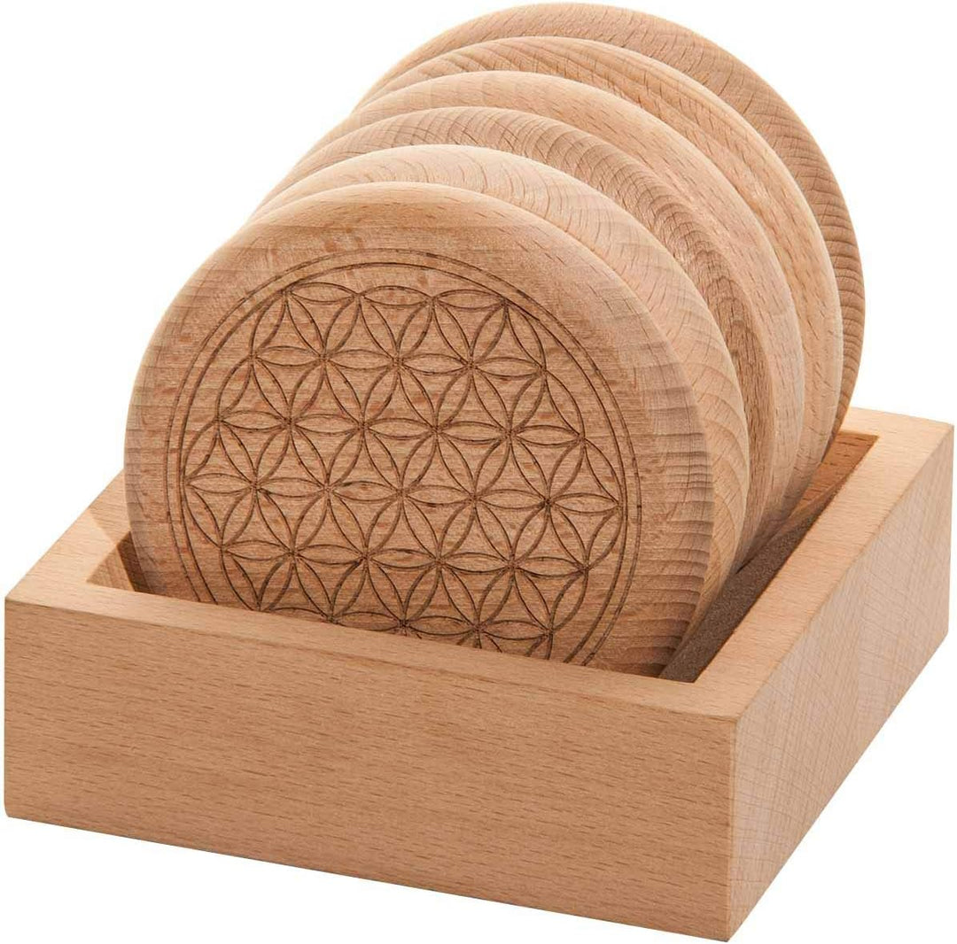 Spruchreif | Glasuntersetzer/Glasabdeckung mit Holz-Ständer | Motiv: Blume des Lebens (6er Set) | Es