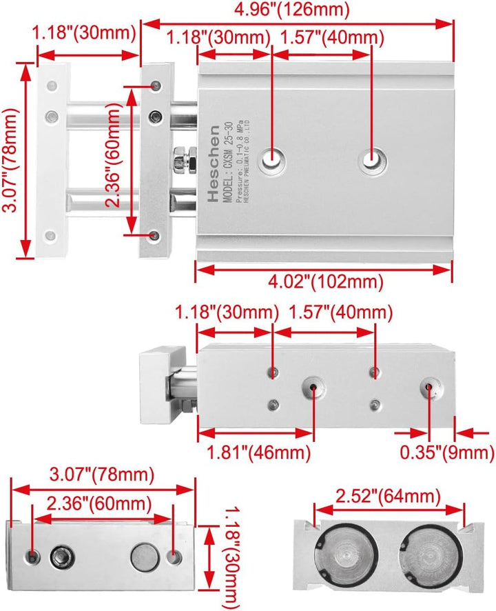Heschen Doppelter Aluminium-Luftzylinder, CXSM 25-30, Führungsstangen-Platte, Doppelstabgeführt, Pne