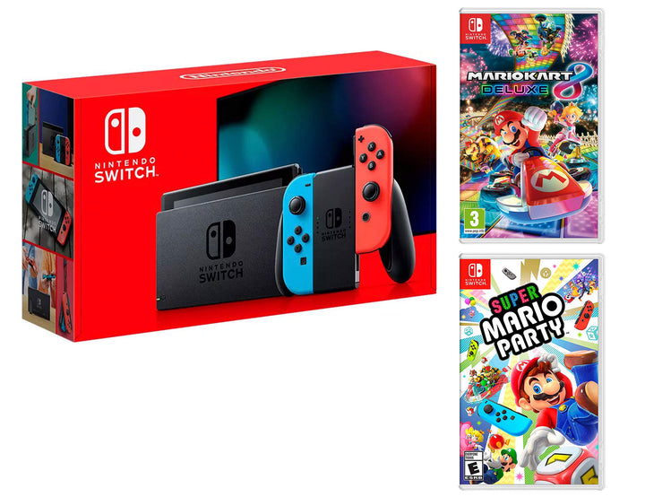 Nintendo Switch 32Gb Neon-Rot/Neon-Blau Pack Super Mario Party + Mario Kart 8 Deluxe
