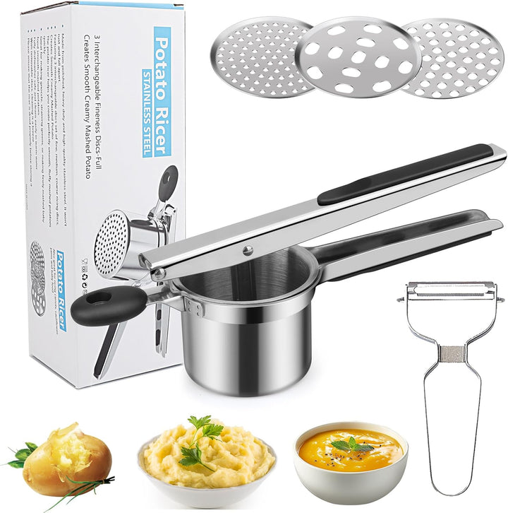 Kartoffelpresse, hicoosee Zunahme Verdicken Edelstahl Kartoffelpressen mit Schäler, 3 Lochscheiben M