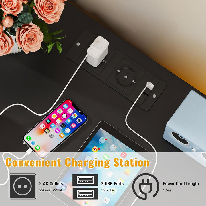 Nachttisch LED mit Steckdose(2 AC-Steckdosen & 2 USB-Anschlüsse), Nachtkommode mit 2 Schubladen und