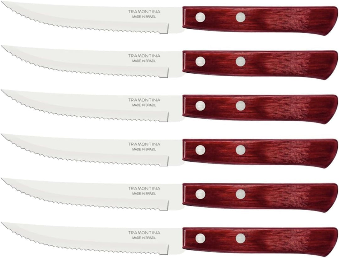 Tramontina Steakmesser, Pizzamesser, Set 6-teilig, 6 Steakmessern aus Edelstahl, Holzgriff rot FSC E