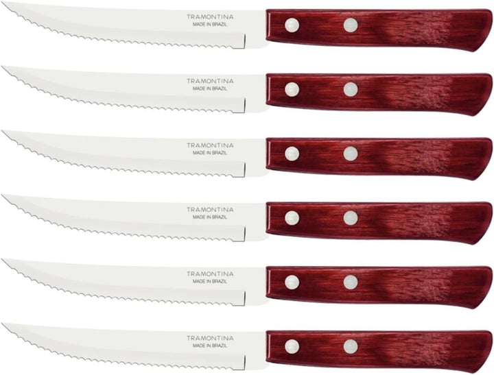 Tramontina Steakmesser, Pizzamesser, Set 6-teilig, 6 Steakmessern aus Edelstahl, Holzgriff rot FSC E