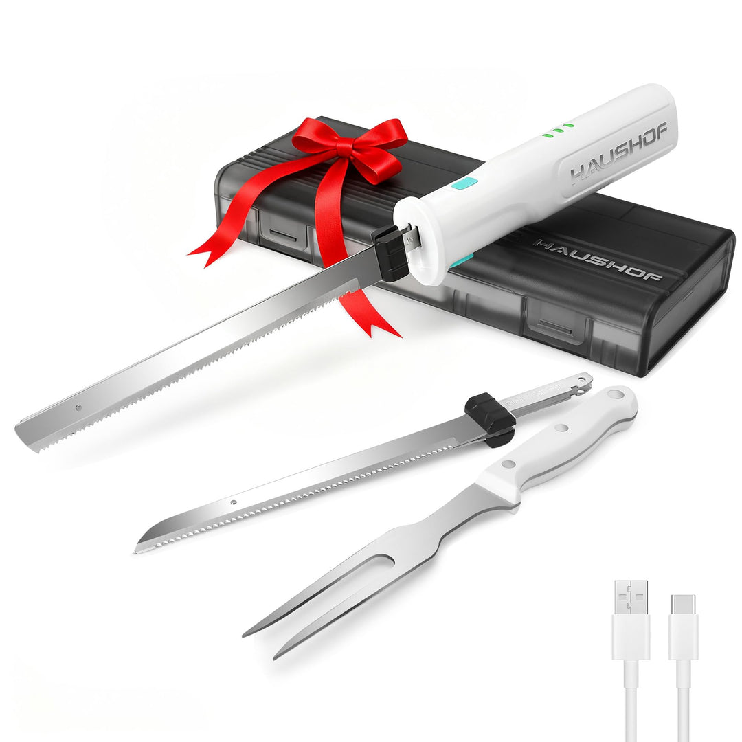 HAUSHOF Elektromesser, Kabelloses Küchenmesser mit 2 Edelstahlklingen, Elektrisches Messer mit Gabel