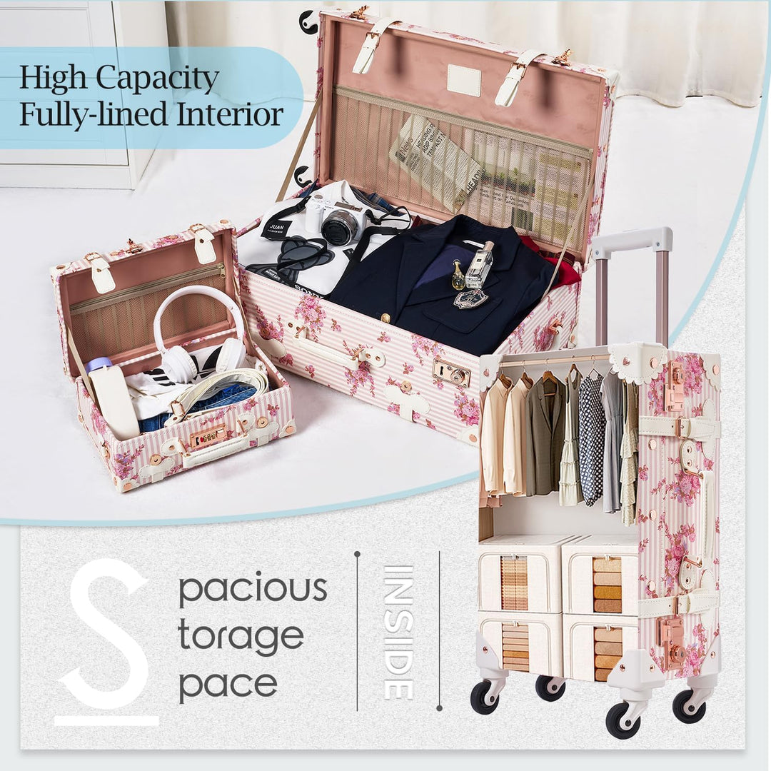 Unitravel Vintage Koffer Set 2 Teilig, Retro PU-Leder Handgepäck Koffer mit Kosmetikkoffer, Rosa Flo