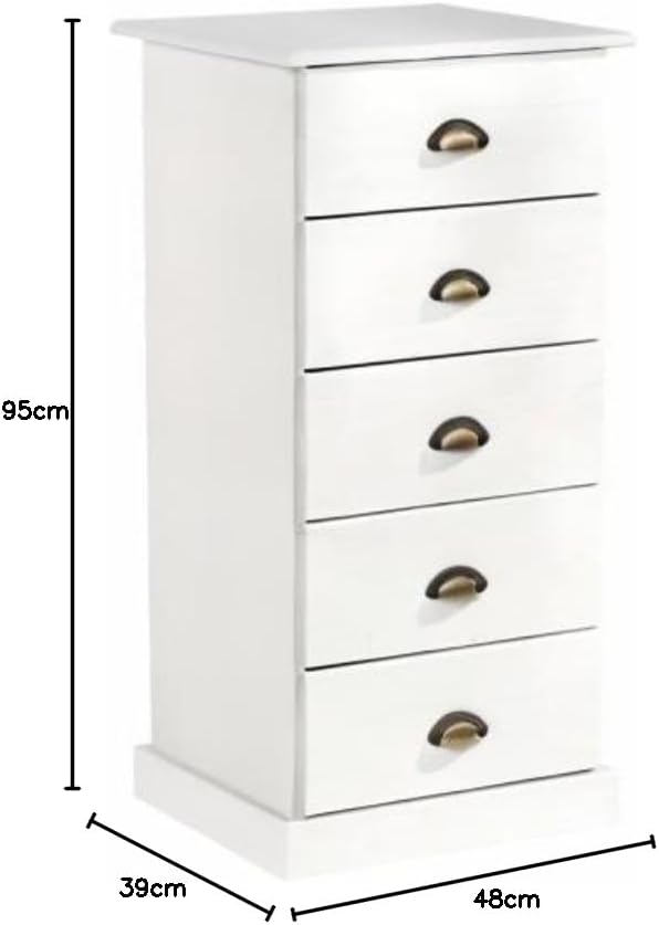 IDIMEX Kommode Paris aus Kiefer massiv in weiss, schöne Schubladenkommode mit 5 Schubladen, praktisc