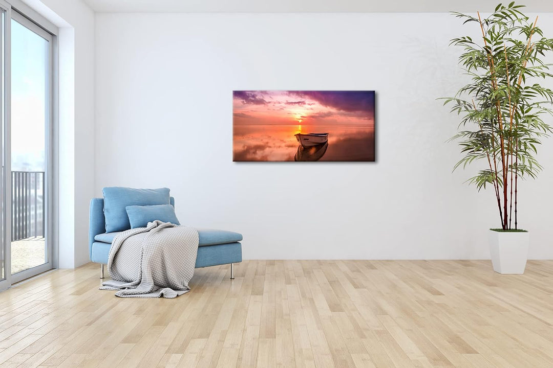 Einsames Boot im Sonnenuntergang Panorama 120x60 cm als Leinwandbild, Motiv fertig gerahmt auf Echth