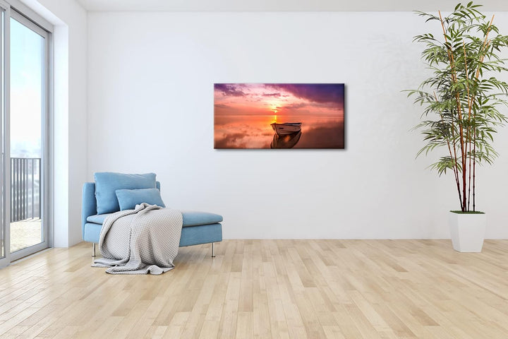 Einsames Boot im Sonnenuntergang Panorama 120x60 cm als Leinwandbild, Motiv fertig gerahmt auf Echth