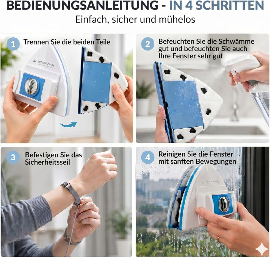 Magnetischer Fensterreiniger Verstellbar 3–30 mm – Doppelglas & Einzelfenster – Mit Sicherheitsseil,