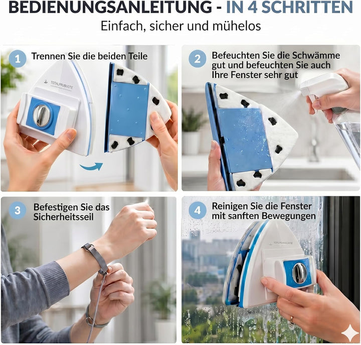 Magnetischer Fensterreiniger Verstellbar 3–30 mm – Doppelglas & Einzelfenster – Mit Sicherheitsseil,