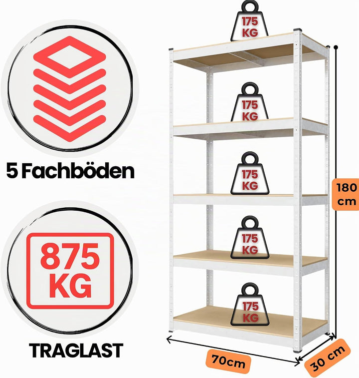 baudim - 180x70x30cm Schwerlastregal/Steckregal mit 5 Böden und 175kg Tragkraft, Metallregal, Garage