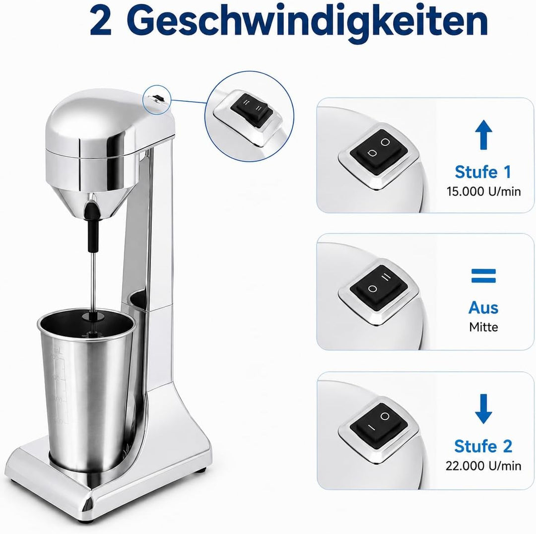 Frappe Mixer, Eiweiss Shaker Elektrisch mit 2 Geschwindigkeitsstufen Standmixer mit 1 Becher, Edelst