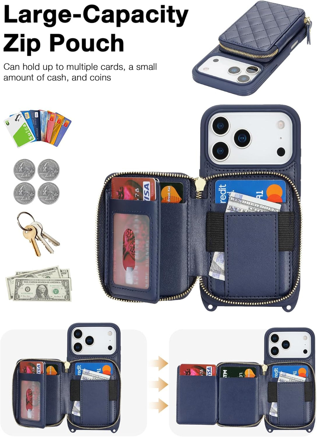 ELTEKER Handyhülle für iPhone 17 Pro Hülle mit Band Verstellbarem Schultergurt, Reissverschluss Geld
